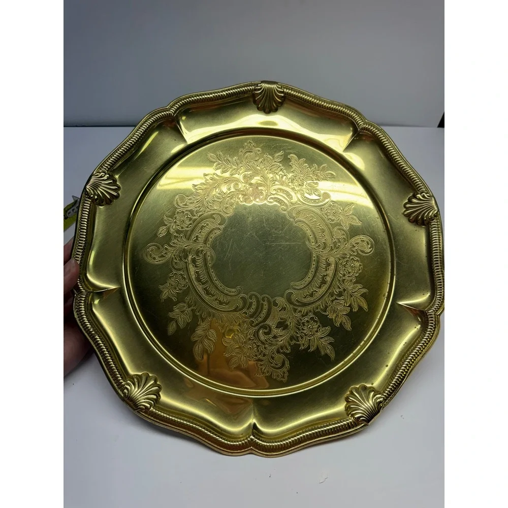 Vintage Gold Tone Etched Floral Round Serving Tray Scalloped Shell Rim 12.5 Inch